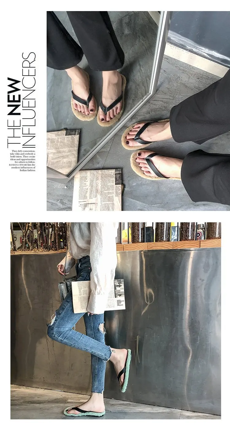 Classics Winter Women Fur Flip Flops Outside Flat Open Toe Women Shoes Solid Casual Faux Fur Slippers