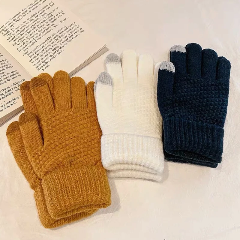 Unisex Knitted Full Finger Gloves Solid Touch Screen Mittens Two Fingers Exposed Thick Winter Warm Cycling Driving Gloves