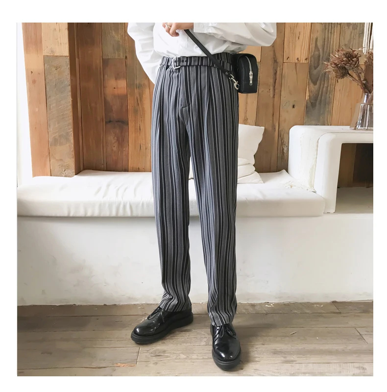 Мужские Винтажные модные уличные штаны в стиле хип-хоп с эластичной резинкой на талии в полоску, повседневные мужские деловые прямые брюки, штаны-шаровары
