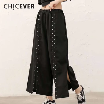 

CHICEVER Irregular Pant Women High Waist Patchwork Rivets Oversized Loose Asymmetric Wide Leg Pants Female 2020 Spring Clothes