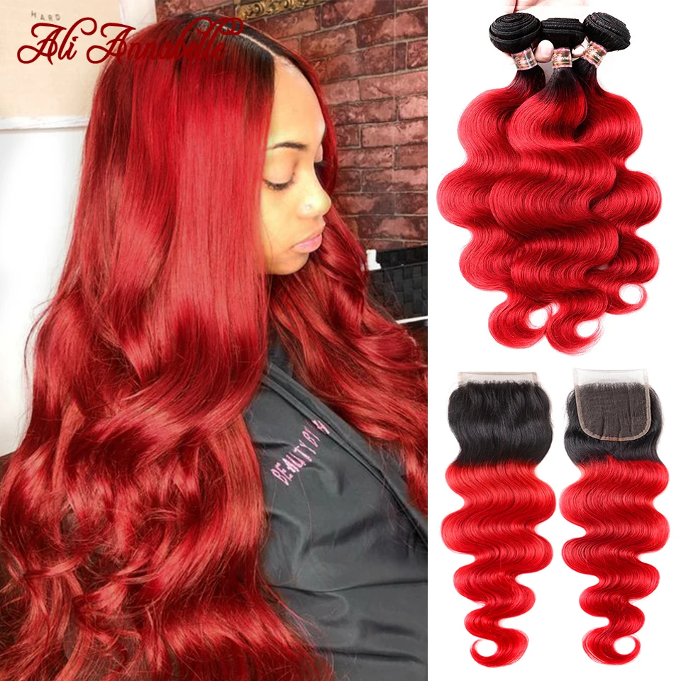 Ombre Brazilian Hair 3 Bundles With Lace Closure Dark Roots Ombre Red Body Wave Human Hair With Closure 4x4 Ali Annabelle Hair 3 4 Bundles With Closure Aliexpress