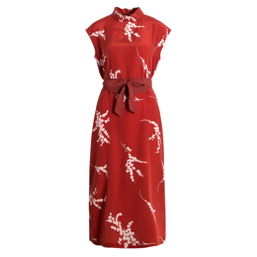 Women Belted Dress 100%Real Silk Crepe Red Printed Dresses Stand Collar New Dresses for Women