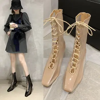 

2020 NEW Sexy Mesh Sandals Boots Woman Summer Booties Square Toe Hollow out Women's Spring Shoes Rome Style Black Apricot