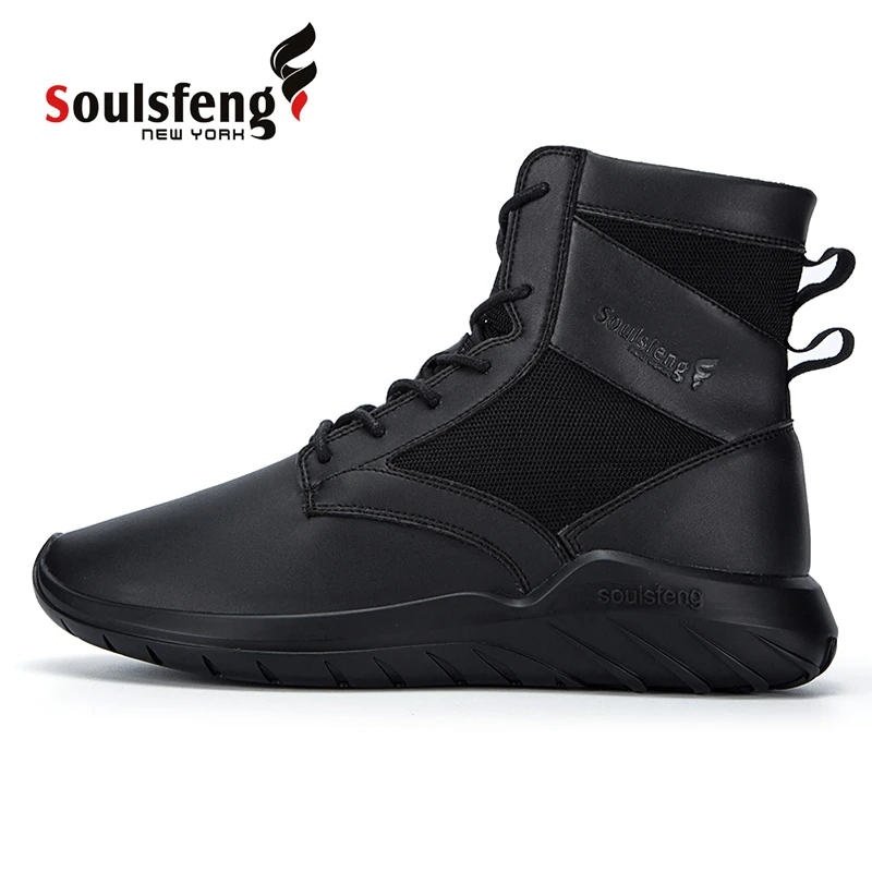 

Soulsfeng High Top Sneakers For Mens Black Winter Lace-up Leather Hiking Boots Anti Slip Walking Shoes Male Mountain Shoes