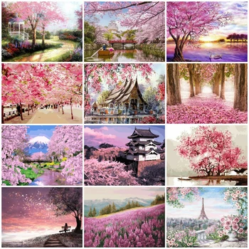 

HUACAN 5D Diamond Painting Landscape Diamond Embroidery Cherry Blossom Mosaic Tree Wall Art Home Decoration