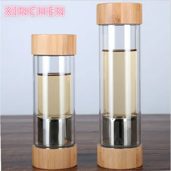 

XINCHEN 300ml 400ml Glass Water Bottles With Tea Infuser Shaker Double Wall Tea Drink Bottled For Water Two Mouths Bamboo Lid