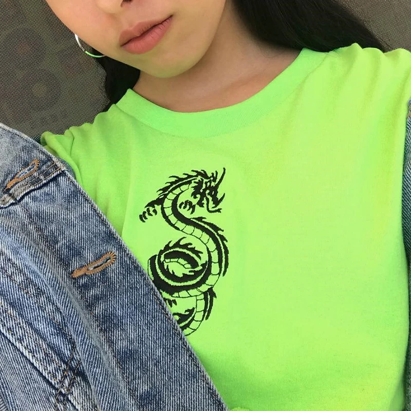 HEYounGIRL/футболки с короткими рукавами и принтом дракона, Хлопковые женские зеленые повседневные свободные укороченные топы, футболки, базовая футболка Harajuku, Женская Корейская футболка