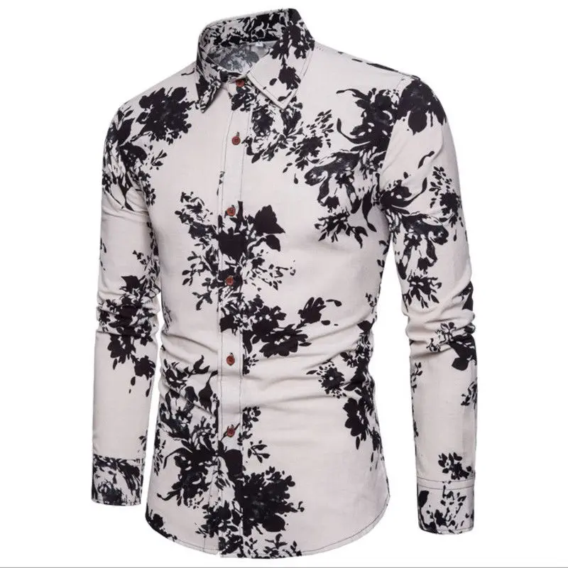 Новые модные весенне-осенние повседневные с отложным воротником Модные мужские цветочные кнопки Slim Fit рубашка с длинными рукавами Блузка Плюс Размер M-3XL - Цвет: 2
