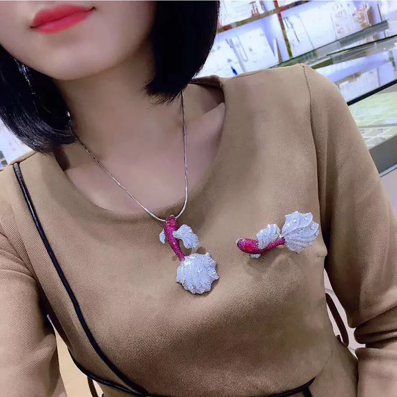 Clear and Fuchsia cz Goldfish Golden plated Paved CZ Brooches Necklace Pendant