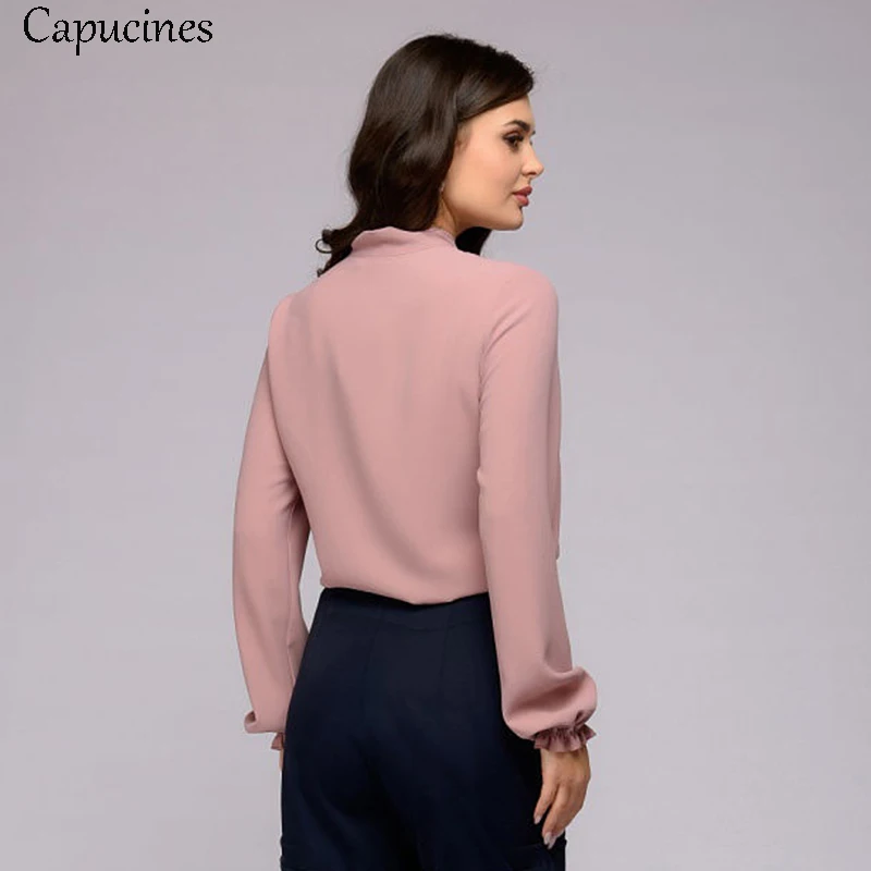 Capucines Elegant Bow Tie Women Shirt Spring Autumn Ladies Solid Long Sleeve Chiffon Shirts Casual Blouses Vintage Tops Blusas