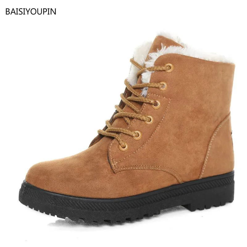 

New Women Winter Faux Suede Ankle Short Snow Boots Ladies Low Heels Solid Front Lace-Up Round-Toe Plush Warm Booties botas mujer