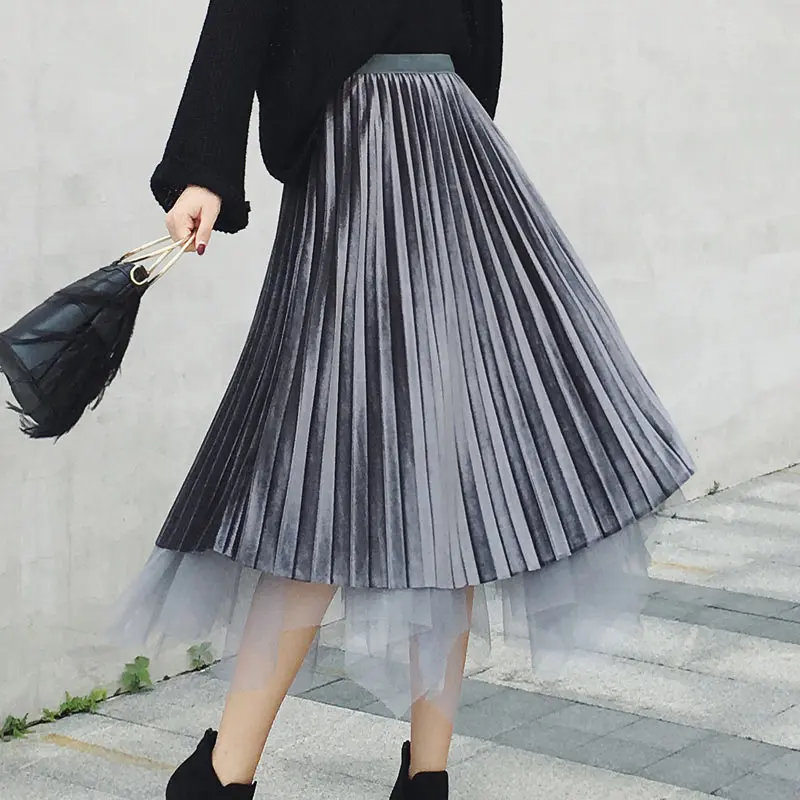 Dark Grey Qiuxuan Двусторонняя длинная юбка из тюля Женская плиссированная юбка черная Эластичная Высокая талия Асимметричная сетчатая юбка женская повседневная юбка средней длины - Цвет: Dark Grey