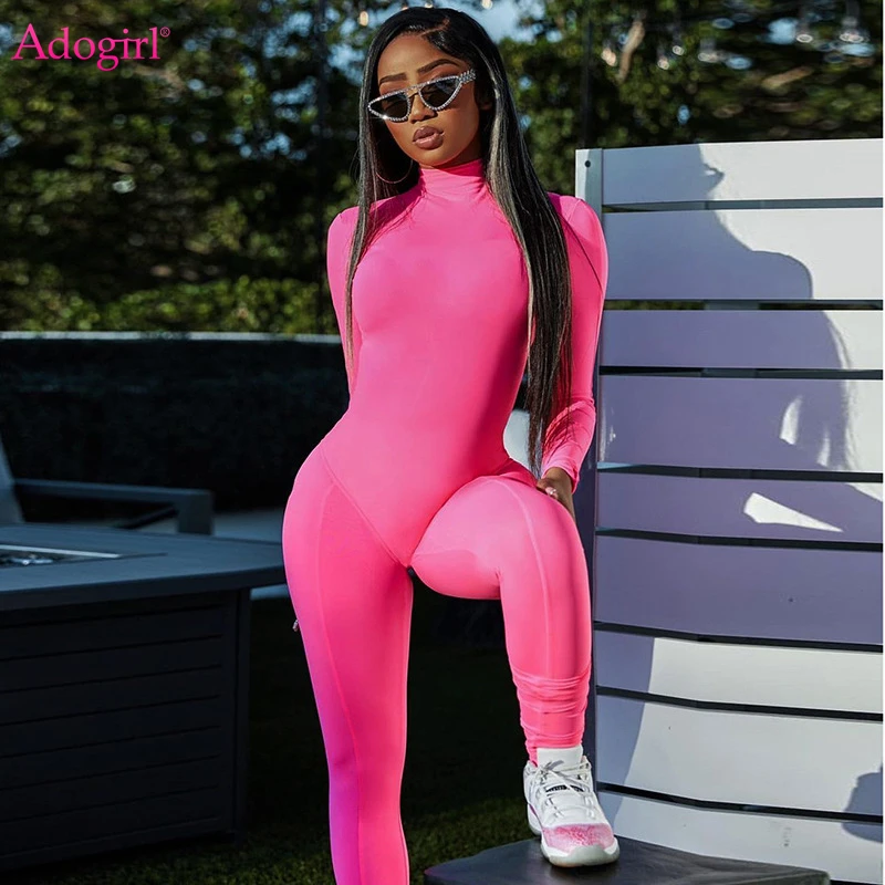 Adogirl 2022 Spring Women Solid Bandage Jumpsuit Turtleneck Long Sleeve Body -shaping Skinny Workout Fitness Overalls Tracksuit - AliExpress