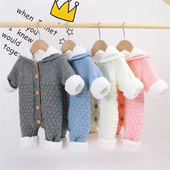 

Winter Knitted Romper For Infant Baby Long Sleeve Jumpsuit Hooded Clothes Baby Toddler Girls BoysThicken One Piece Long Pants