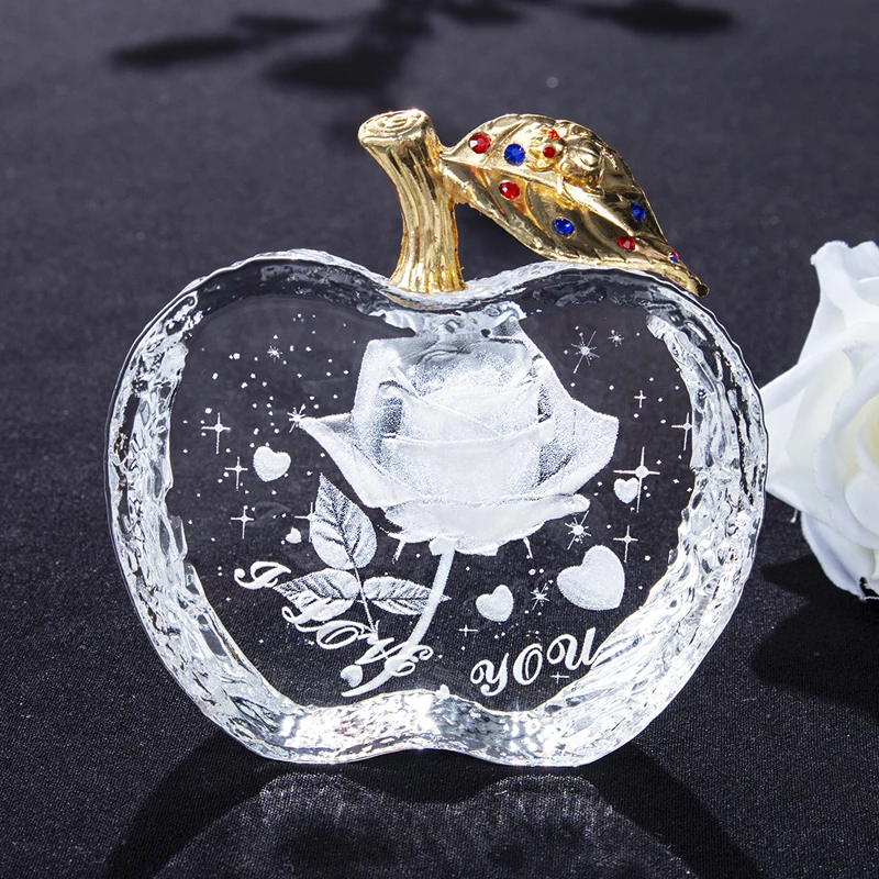 

H&D Clear Crystal Glass Apple Paperweight with 3D Rose Flower Figure for Home Wedding Decoration,Collectible Figurine Gift