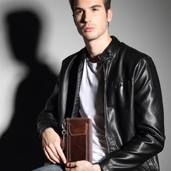 

JHD-MISFITS Men's Long Clutch Leather Card Wallet Business Phone Bag Zipper Clutch