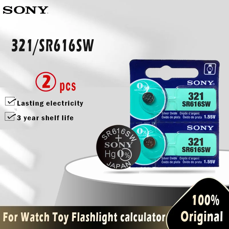 Sony-pilas para reloj Sony 100% originales 321 SR616SW SR616 1,55 V, oxido de plata, para juguetes, calculadora, botón, pila de moneda, hechas en Japón, 2 uds.