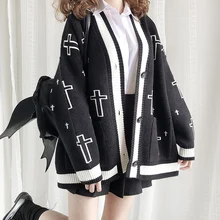 Готический панк ЛОЛИТА крестообразной вышивкой вязаный свитер кардиган пальто в японском стиле уличная осенне-зимняя женская толстая верхняя одежда