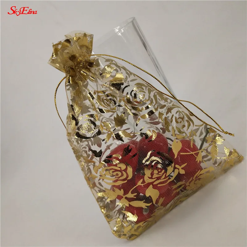 50 шт., 7x9, 9x12, 11x16, 13x18, 15x20, 20x30 см, позолоченные розы из органзы, ювелирные изделия, сумки для свадебной вечеринки, украшения, сувениры, сумки для подарков 5Z - Цвет: gold