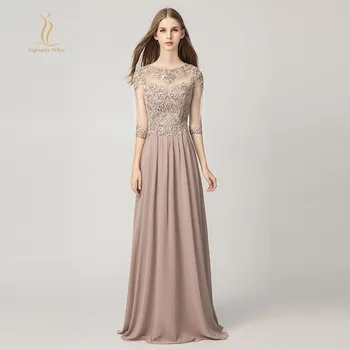 

Cheap Evening Dresses with Half Long Sleeves Lace Applique Beaded Vintage Prom Party Gowns Sheer Back Chiffon Robe De Soriee