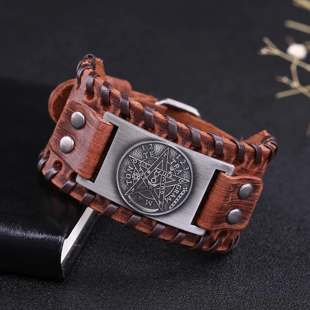 Leather Braided Bracelet Leather Bracelet My shape Tetragrammaton Pentacle Pentagram Leather Bracelet Bangles Men Gift Amulet Wiccan Talisman Pendants Vintage Jewelry