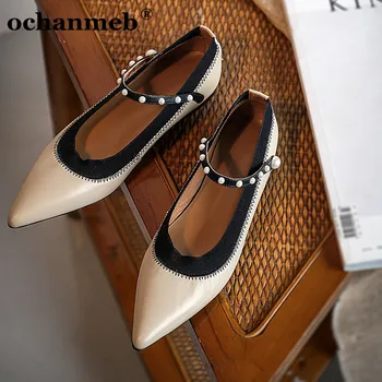 

ochanmeb Spring Single Shoes Casual Women Cow Leather Pointed Toe Mary Janes Ladies Pearls Ballet Flats Espadrilles chaussures