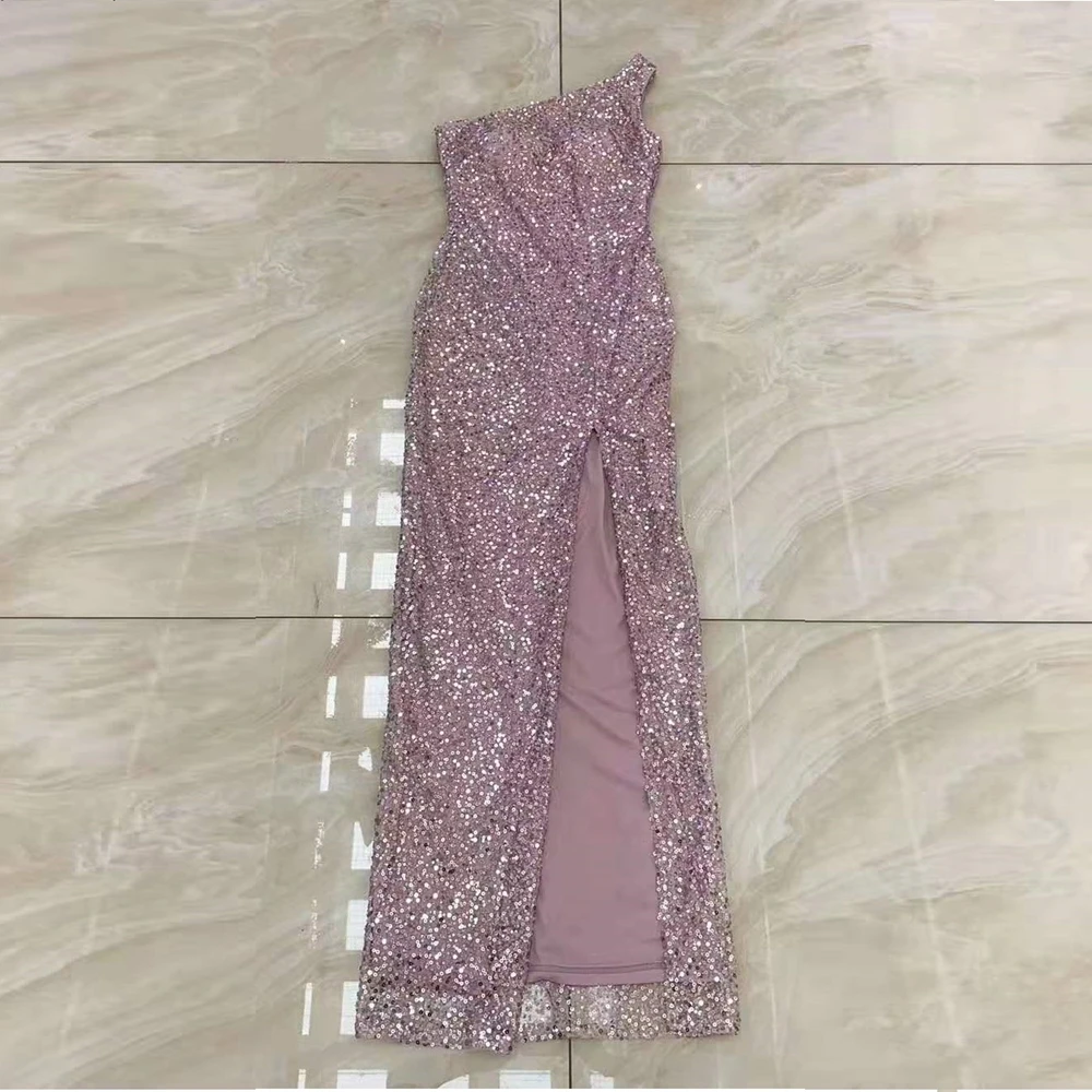 Новое поступление, фиолетовое Модное Длинное Платье макси с блестками, 2 предмета, с высоким разрезом, сексуальные, на одно плечо, роскошные вечерние, как у знаменитостей