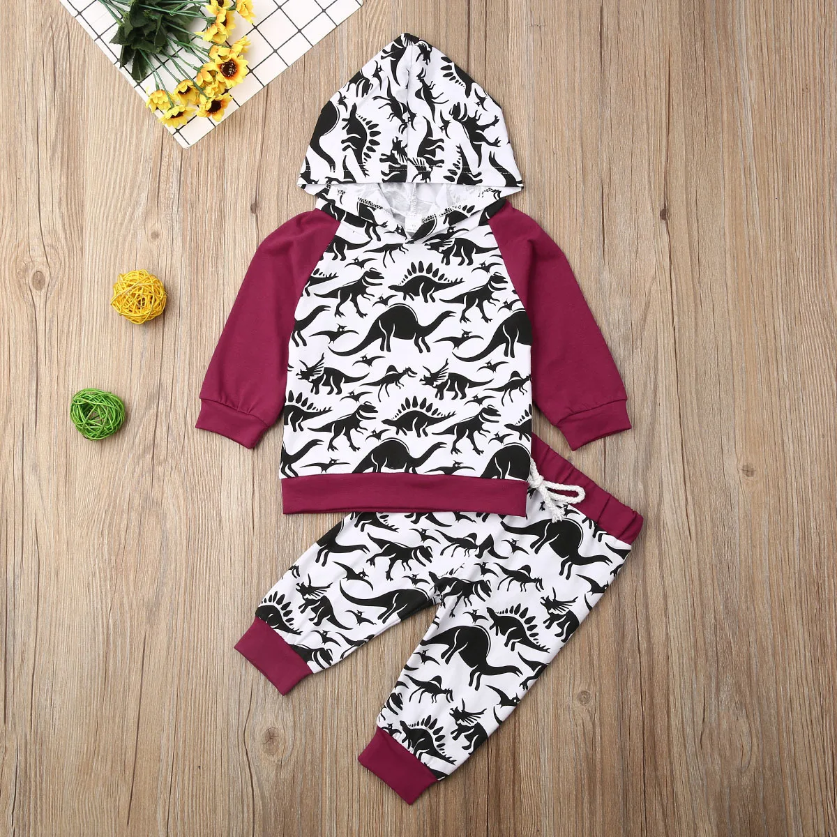 Newborn Baby Boy Girl Dinosaur Clothes Hooded Tops Coat Pants Legging Outfit Set - Color: Red