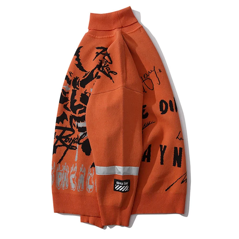 Harajuku вязаные свитера с высоким воротом для мужчин и женщин хип хоп клоун печати свободный пуловер свитер уличная Мужская зима WG608 - Цвет: orange
