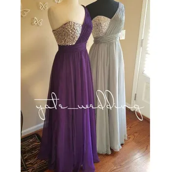 

Real Images One Shoulder Bridesmaid Dresses Sequined Top Beads Chiffon Side Split Wedding Party Gowns vestido de fiesta de boda