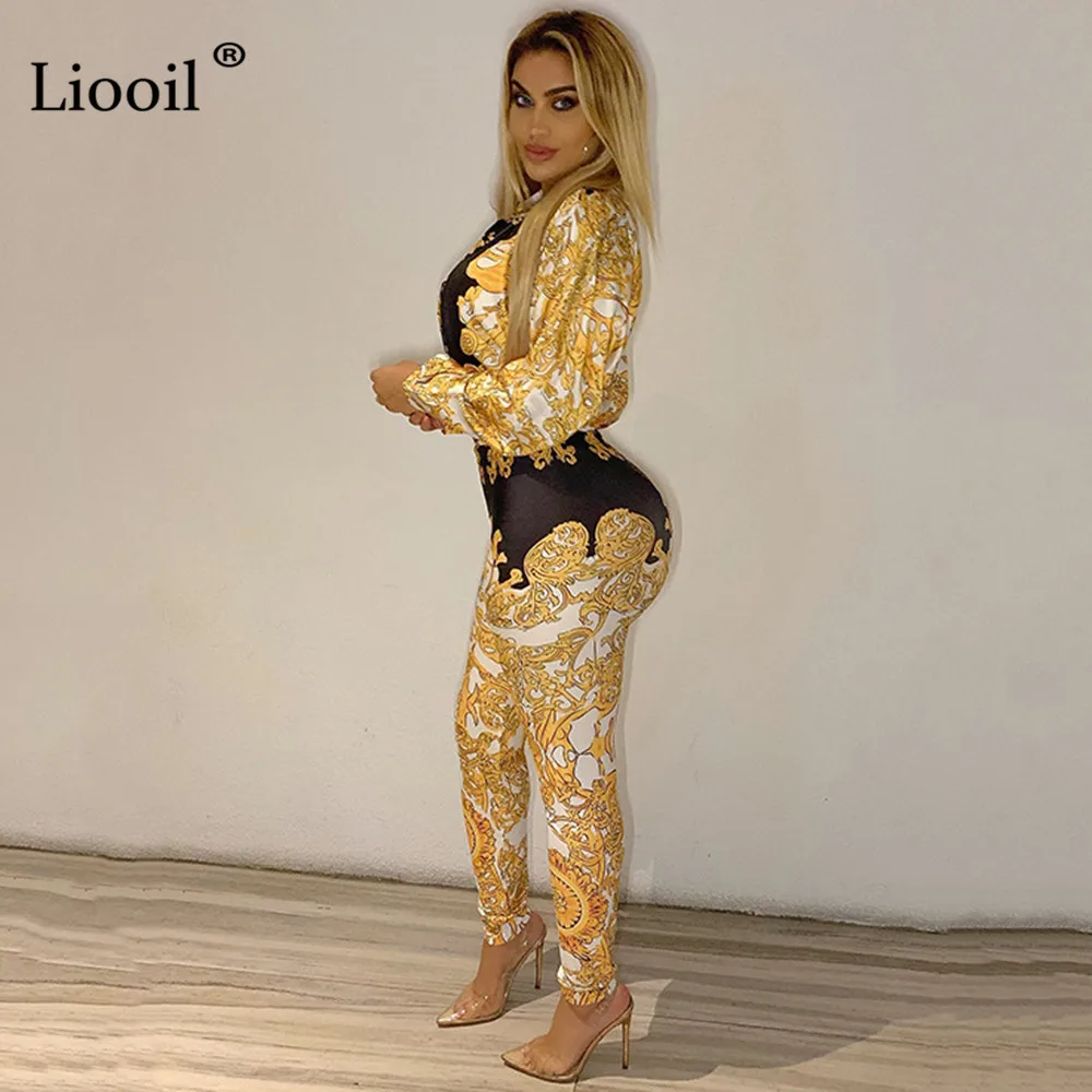 Liooil/комплект из 2 предметов с золотым принтом, Клубные Вечерние наряды для женщин, осень, рубашка с длинными рукавами, топ и штаны бодикон, сексуальные комплекты