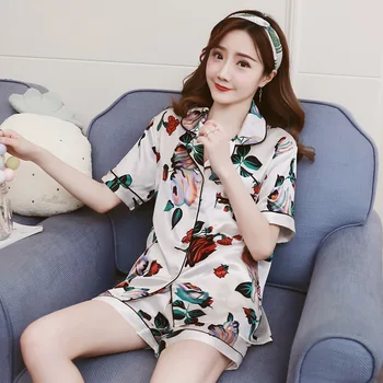 

Pajamas Summer Printed Striped Short-Sleeved Sexy Thin Women's Dressing Gown Casual Two-Piece Shorts Suit