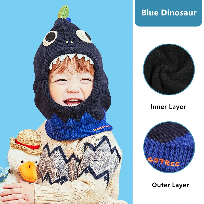 Blue Dinosaur Kocotree зимняя теплая шапка для мальчиков и девочек, детская шапка Skullies Beanie с милым персонажем, шапка с капюшоном в масках для детей от 1 до 10 лет - Цвет: Blue Dinosaur