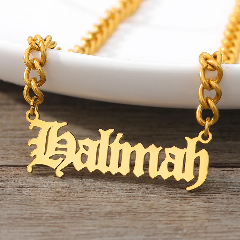Custom Gothic Old English Nameplate Necklace For Women Stainless Steel Gold Chain Choker Necklaces Men Boho Pretty Jewelry Gift