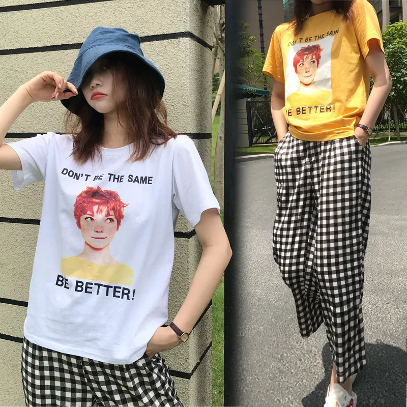 

2020 Summer Wear New Style Korean-style Hong Kong Style Breathable Freckles GIRL'S Lettered Short Sleeve T-shirt + Plaid Capri P