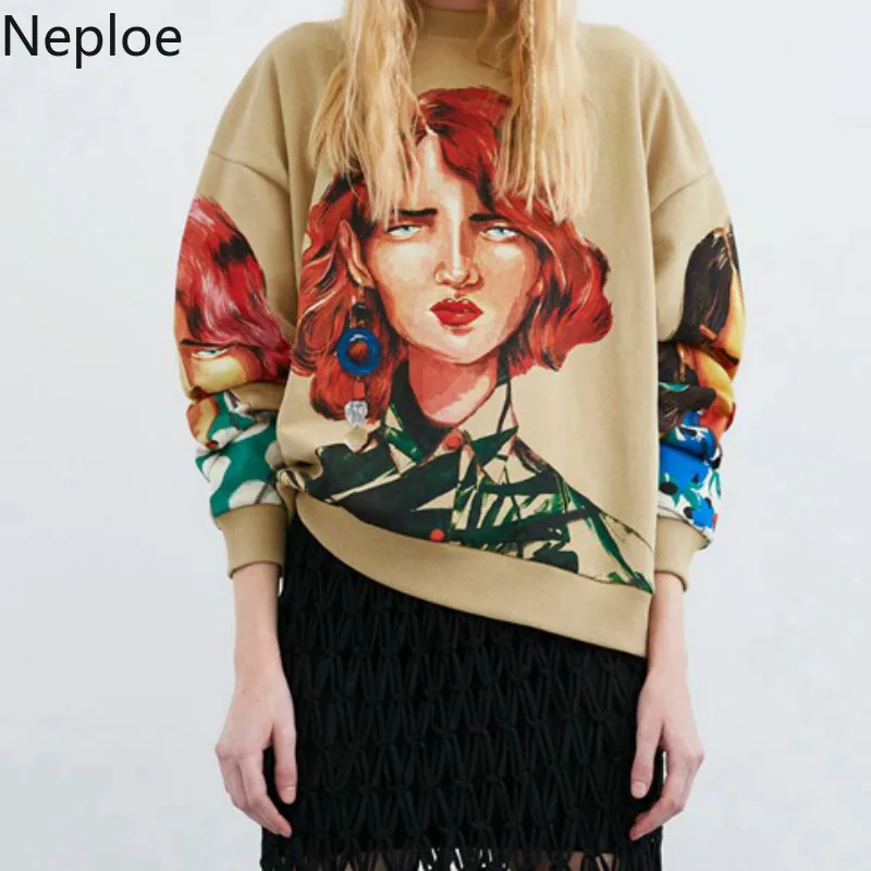 Neploe, уличная одежда, принт с персонажами, Женская толстовка, весна, о-образный вырез, длинный рукав, пуловер, вязаный, негабаритный, с капюшоном, 80221