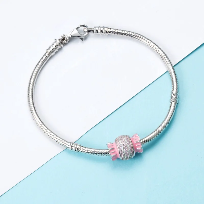 Strollgirl Серебро 925 пробы розовый сладкий карамельный Шарм Красочный CZ шарик Подходит для Pandora браслет DIY Мода девушка ювелирные изделия