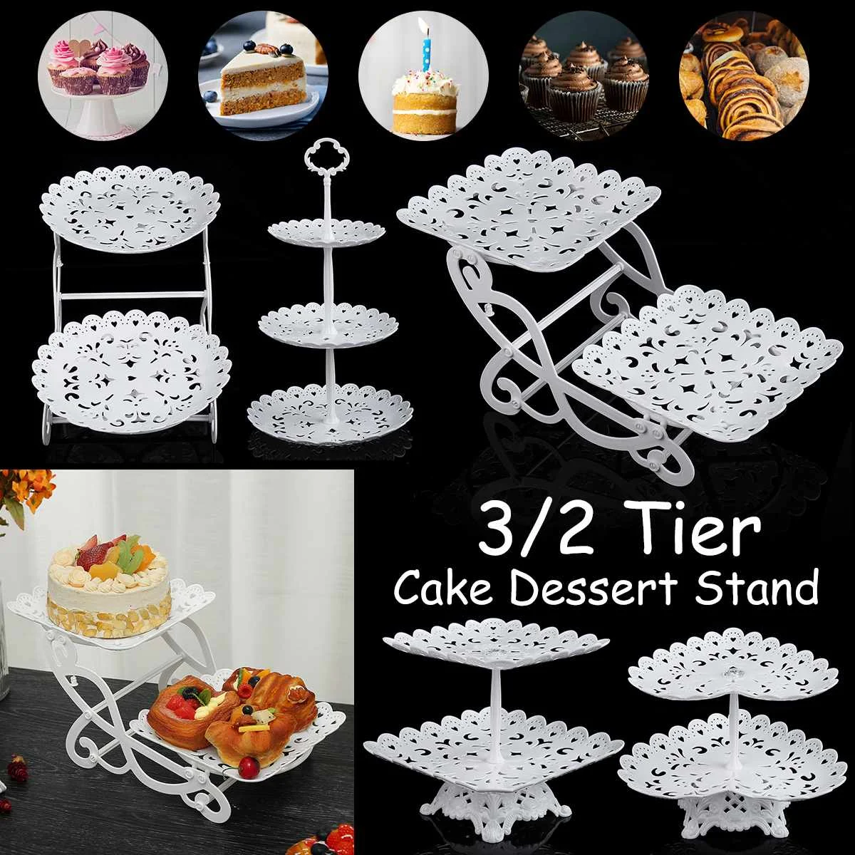 2/3 Tier Cake Stand Thé Mariage Plaque Fête Vaisselle Display Holder 