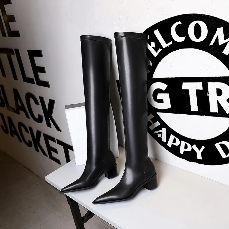 BIGTREE Women Winter High Quality PU Leather Pointed Toe Over Knee Boots Fashion Square Low Heels Booties Woman Shoes