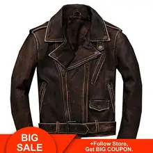 Chaqueta de cuero de estilo motero marrón Vintage 2020 de talla grande XXXXXL cuero vacuno grueso auténtico abrigo de cuero ajustado envío gratis