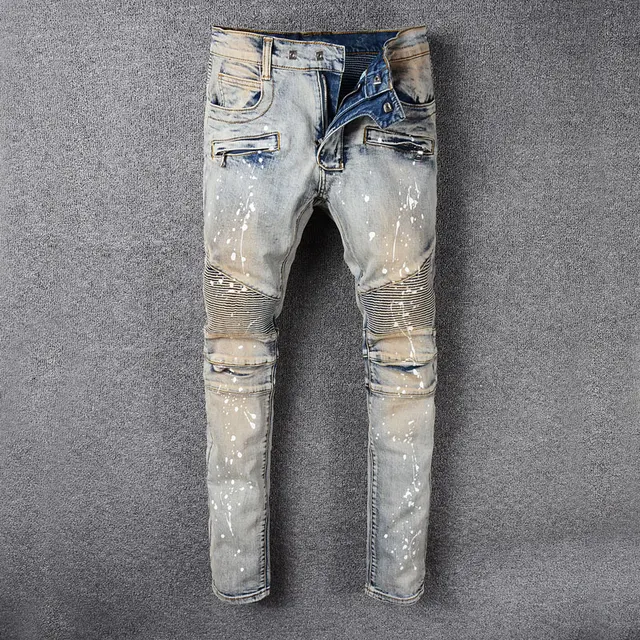 Retro Color Dirty Vintage Paint Biker Jeans Men Fashion High Street Hip Hop Jeans Homme Cargo Pants Slim Fit Men Jeans - AliExpress