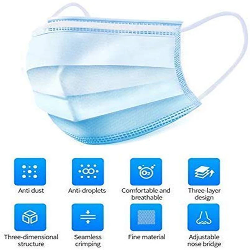

20/100pcs Blue Prevent Bacteria Mouth face Mask Disposable Non-Woven Three-layer Filter Anti-dust Mouth Nose Proof Masks Unisex
