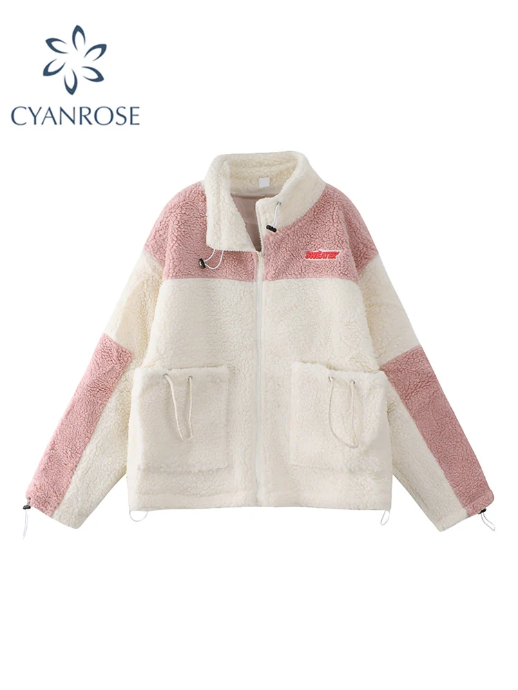 Women's Lamb Wool Hoodies Sweatshits Casual Tops Warm Oversized Clothes Female Zippers Jackets Cute Korean Patchwork Teddy Coats | Женская