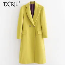 TXJRH Стильный Желтый Зубчатый воротник двубортный длинный рукав Повседневная шерстяная длинная куртка пальто Модная женская верхняя одежда топы Femme