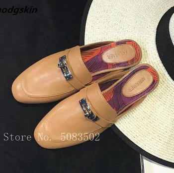

2019 Metal Decor Buckle Round Toe Flats Women Shoes Slingbacks Slip on Flats Soft Leather Loafers Casual Shoes Woman
