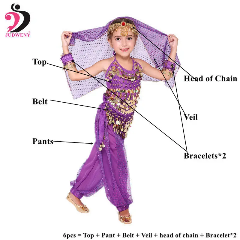 Judweny дети Болливуд набор костюма для танца живота Восточный танец Детские платья Индия танец живота одежда танец живота девушка танец r - Цвет: Purple 6pcs