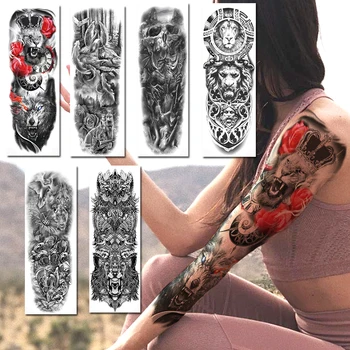 

Black Lion King Wolf Tattoos Sticker Realistic Fake Skull Angle Tiger Full Arm Tatoos Totem Owl Sleeve Maori Temporary Tattoos