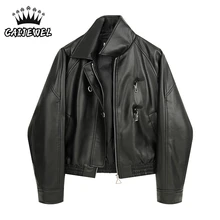Black PU Faux Fur Coat Winter Womens Leather Moto Biker Jacket Streetwear Korean Fashion Zipper Baggy Female TOPs Leather Jacket