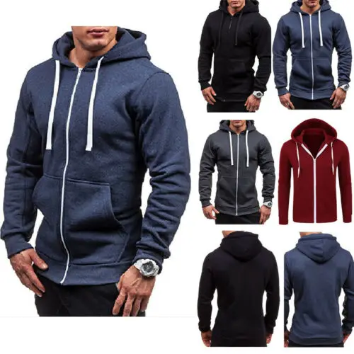 Men s Solid Color Slim Zip Up Long Sleeve Hoodie Classic Winter Hooded Sweatshirt Jacket Coat 2