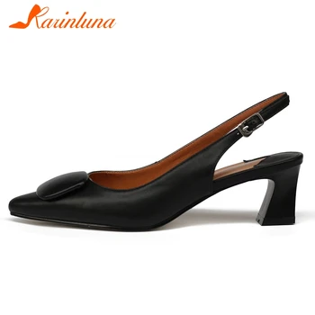 

Karinluna 2020 Hot Sale Genuine Cow Leather Hoof Heels Summer Sandals Women Shoes Buckle Strap Concise Shoes Woman Sandals